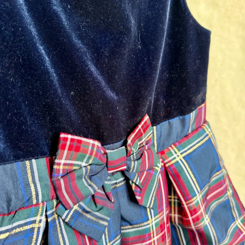 The Children's Place Navy Tartan Plaid Velvet Dress Girls Size 4T Holiday Bow